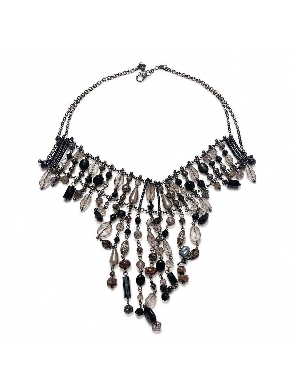 Black Gray Beaded Cascade Bib Necklace Gunmetal Fringe Gothic Statement